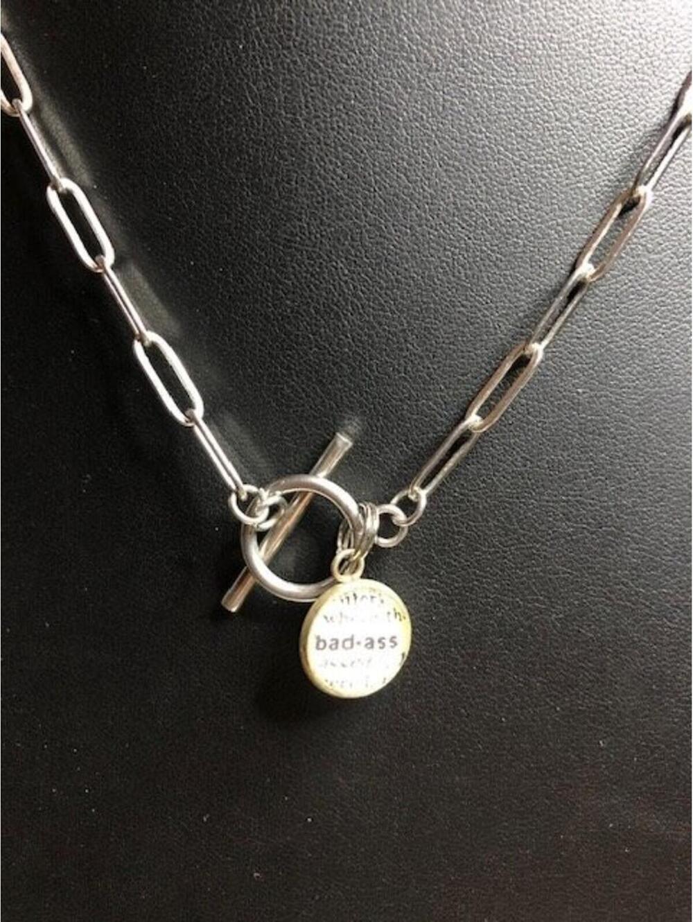 B1314 Paperclip Chain Toggle Necklace 17""Bad-Ass" Text Pendant Silver Tone